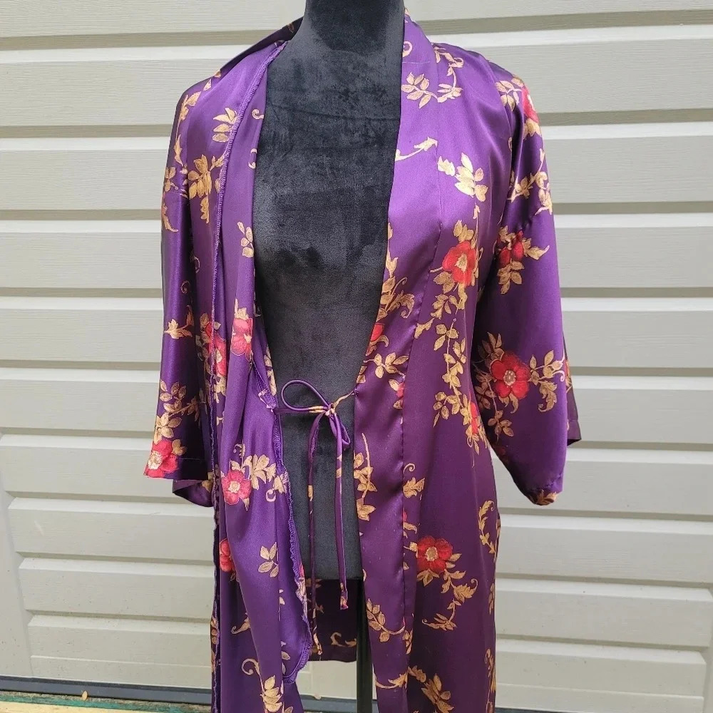 VTG California Dynasty Floral Paisley Purple Red Robe Satin Kimono Sz M Medium - Picture 7 of 10